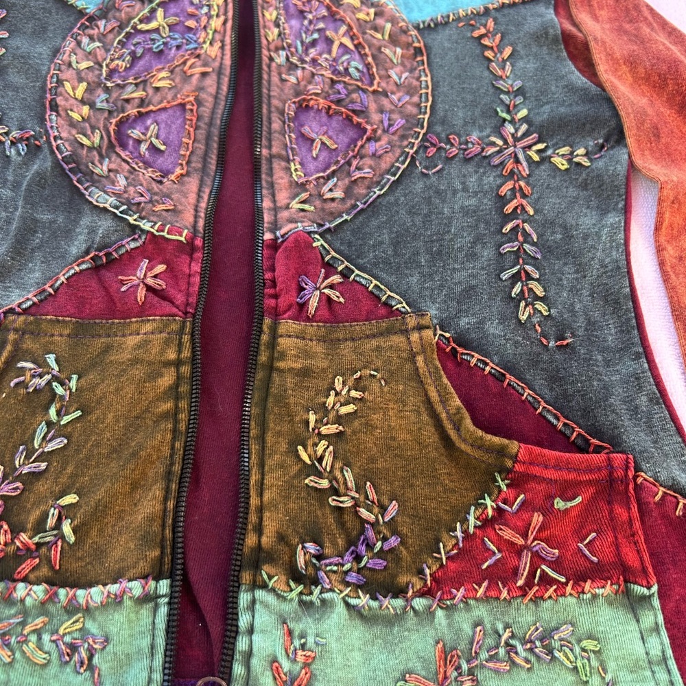Hippie Boho Cotton Embroidered Full Zip Jacket Size M - Picture 3 of 6